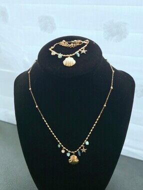 Gold Shell‎ & Star Bracelet & Necklace Set with Aqua Accents - NEW Women Jewelry